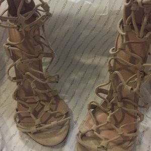 Strappy tan open toe high heel sandals